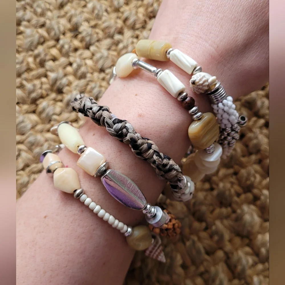6 Strand Earthy Wraparound Bracelet, Stone, Shell & Wood. Cream, Silver, Brown.